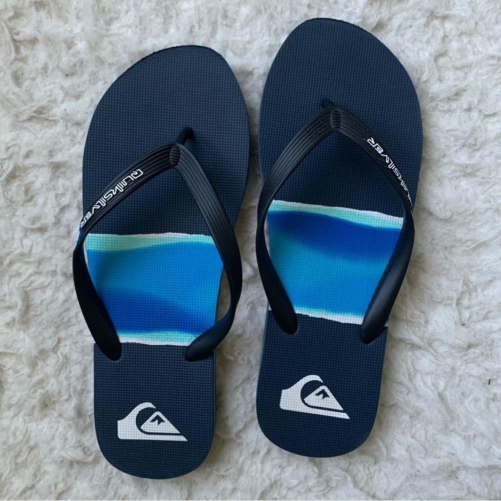 Quiksilver Men’s Black Blue Striped Wave Flip Flops Summer Beach